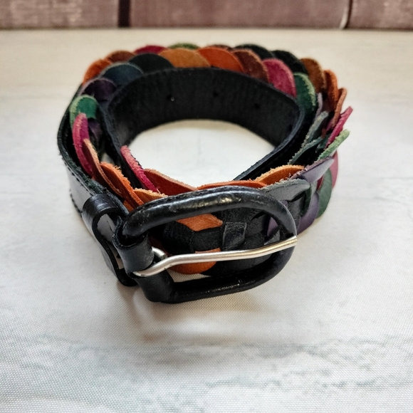 Multicolor Braided Genuine Leather Belt Black Buckle Adjustable - Picture 1 of 11